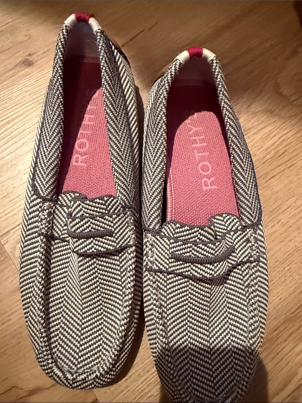 Rothy's Black & White Herringbone Loafers with Pink Insole